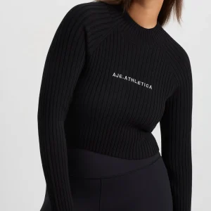Outlet Aje ATHLETICA Cropped Knitted Long Sleeve Top 437 Black