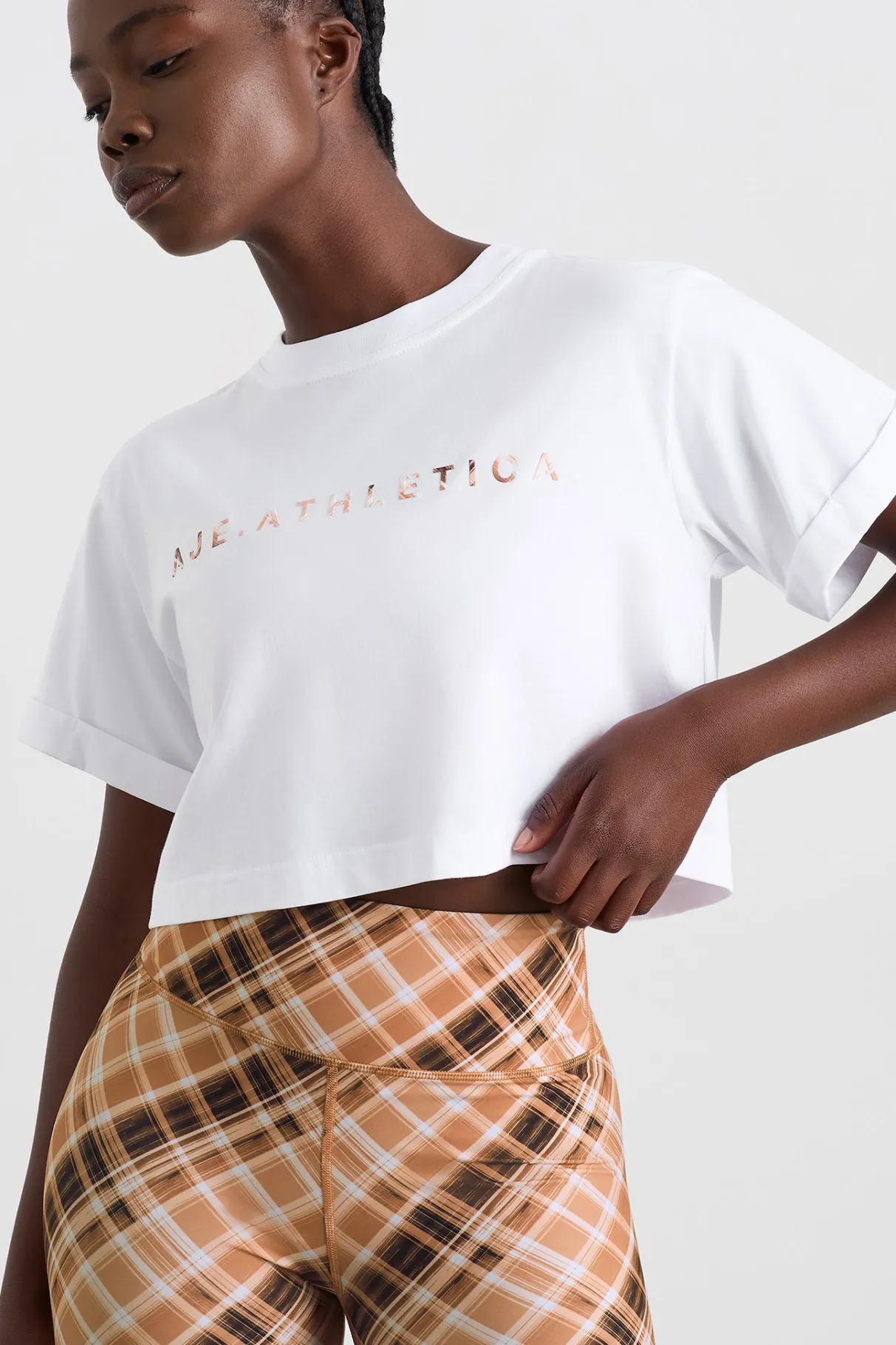 cropped_tee__0-1.webp Best Sale Aje ATHLETICA Cropped Tee 105 White Blurred Tan Check