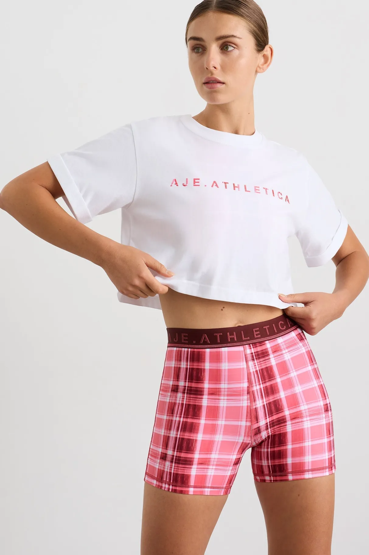 cropped_tee__0.webp Flash Sale Aje ATHLETICA Cropped Tee 105 White Blurred Pink Check