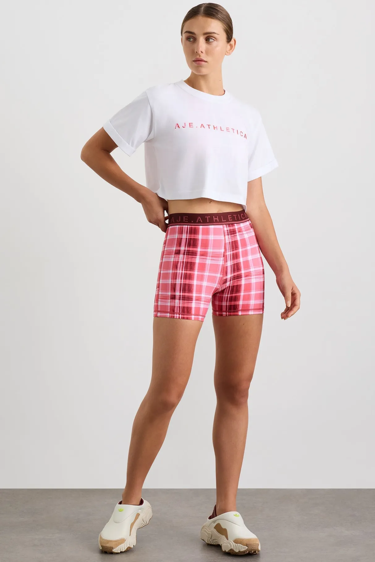 cropped_tee__2.webp Flash Sale Aje ATHLETICA Cropped Tee 105 White Blurred Pink Check