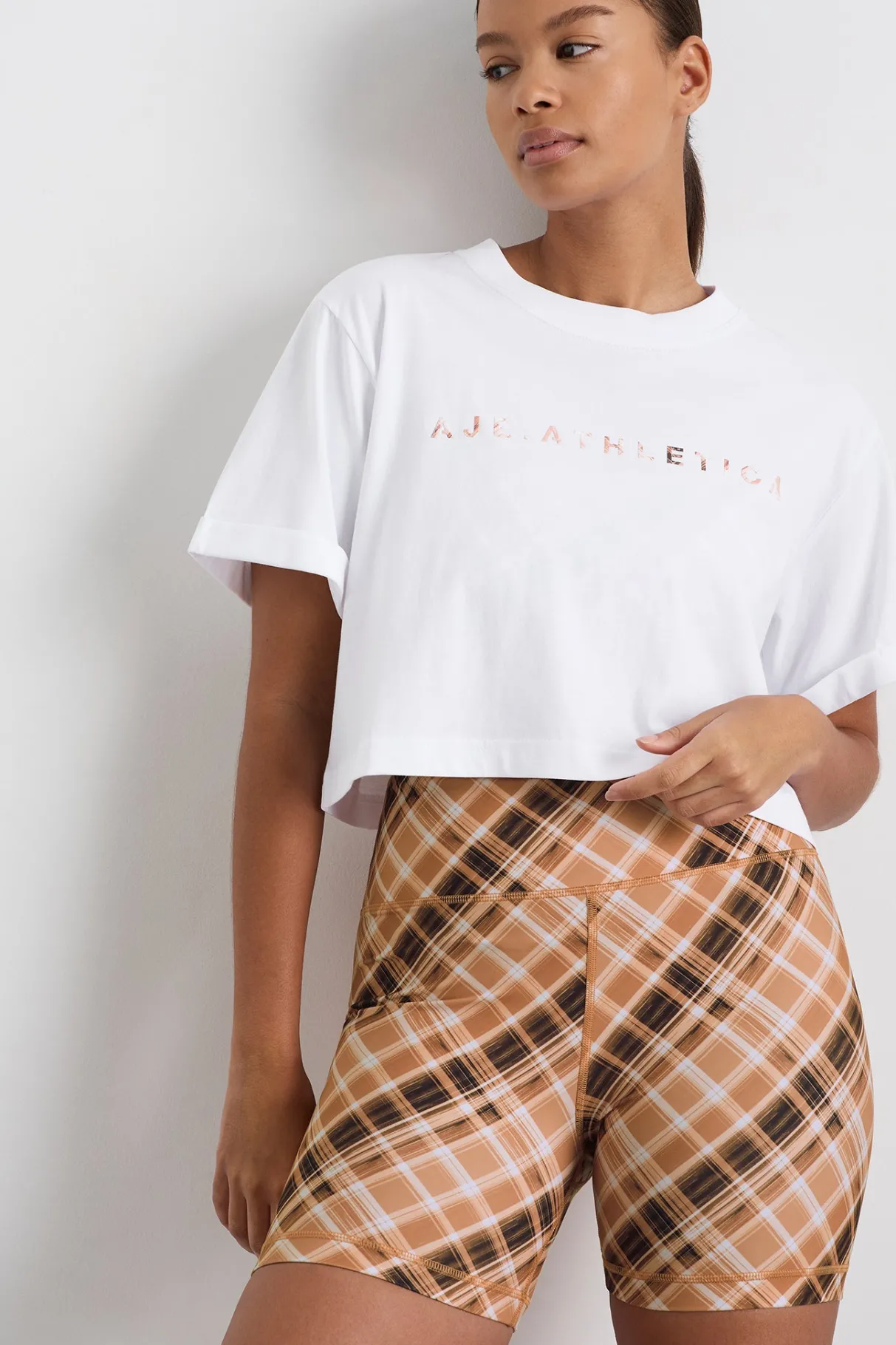 cropped_tee__6-1.webp Best Sale Aje ATHLETICA Cropped Tee 105 White Blurred Tan Check