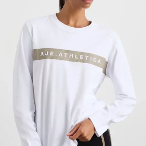 Shop Aje ATHLETICA Embossed Logo Long Sleeve T-Shirt 127 White Soft Khaki