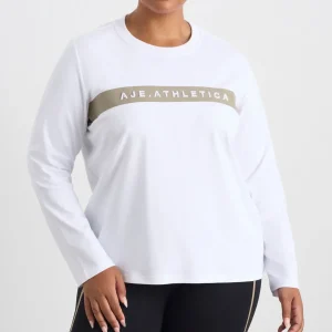 Shop Aje ATHLETICA Embossed Logo Long Sleeve T-Shirt 127 White Soft Khaki