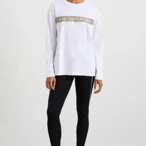 Shop Aje ATHLETICA Embossed Logo Long Sleeve T-Shirt 127 White Soft Khaki