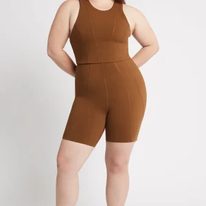 Discount Aje ATHLETICA High Rise Mid Length Embossed Bike Short 615 Coffee/Gold