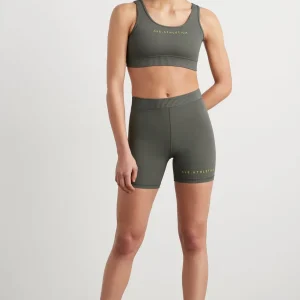 Discount Aje ATHLETICA High Rise Pintuck Mid Length Bike Shorts 625 Midnight Grey/Citrus Yellow