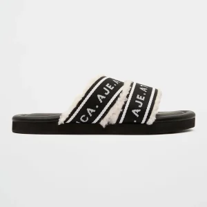 Shop Aje ATHLETICA Logotape Shearling Slides 938 Black/White