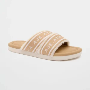 Fashion Aje ATHLETICA Logotape Shearling Slides 938 Latte Beige