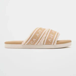 Fashion Aje ATHLETICA Logotape Shearling Slides 938 Latte Beige