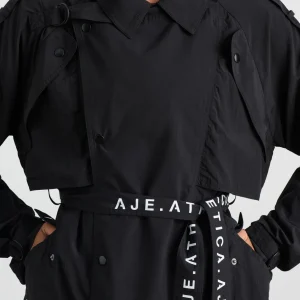 Fashion Aje ATHLETICA Long Belted Windbreaker Jacket 703 Black/Black