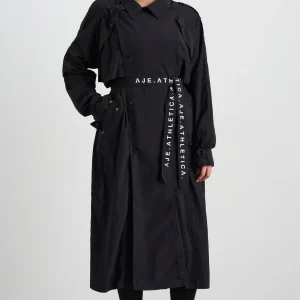 Fashion Aje ATHLETICA Long Belted Windbreaker Jacket 703 Black/Black