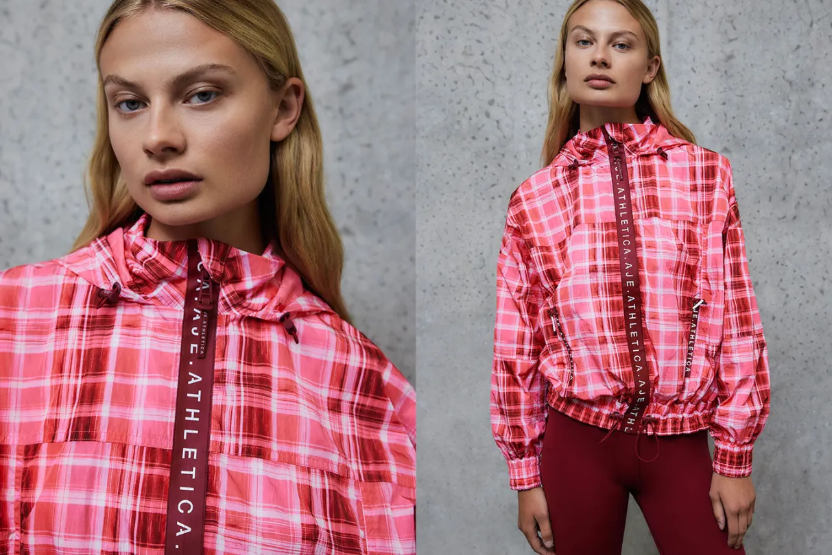 long_line_spray_jacket_16-1.webp Shop Aje ATHLETICA Long Line Spray Jacket Blurred Pink Check