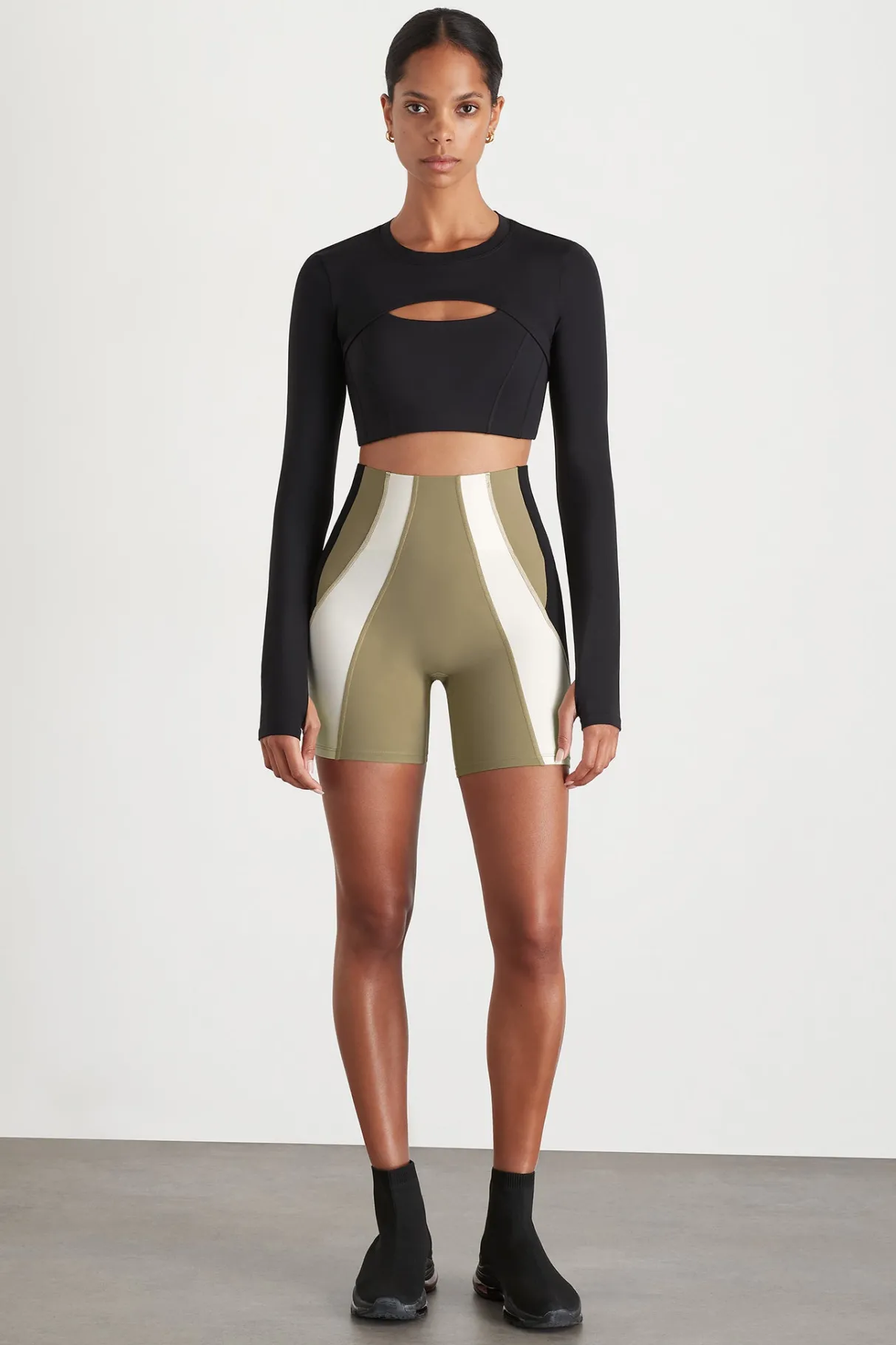 panelled_bike_short__0.webp Sale Aje ATHLETICA Panelled Bike Short 615 Soft Khaki Multi
