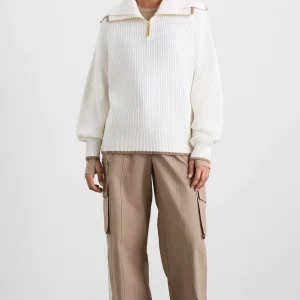 Cheap Aje ATHLETICA 1/4 Zip Ribbed Knit Jumper 431 Ivory Dune Brown